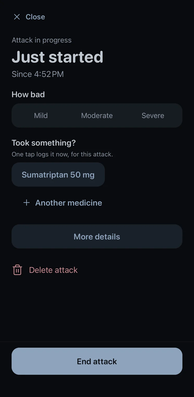 Attack mode in Hushday: a dim screen that says an attack just started, with severity, a one-tap medicine and an End attack button.